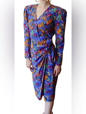 Vintage Silk Wrap Midi Dress Abstract Floral Shoulder Pads Size 14